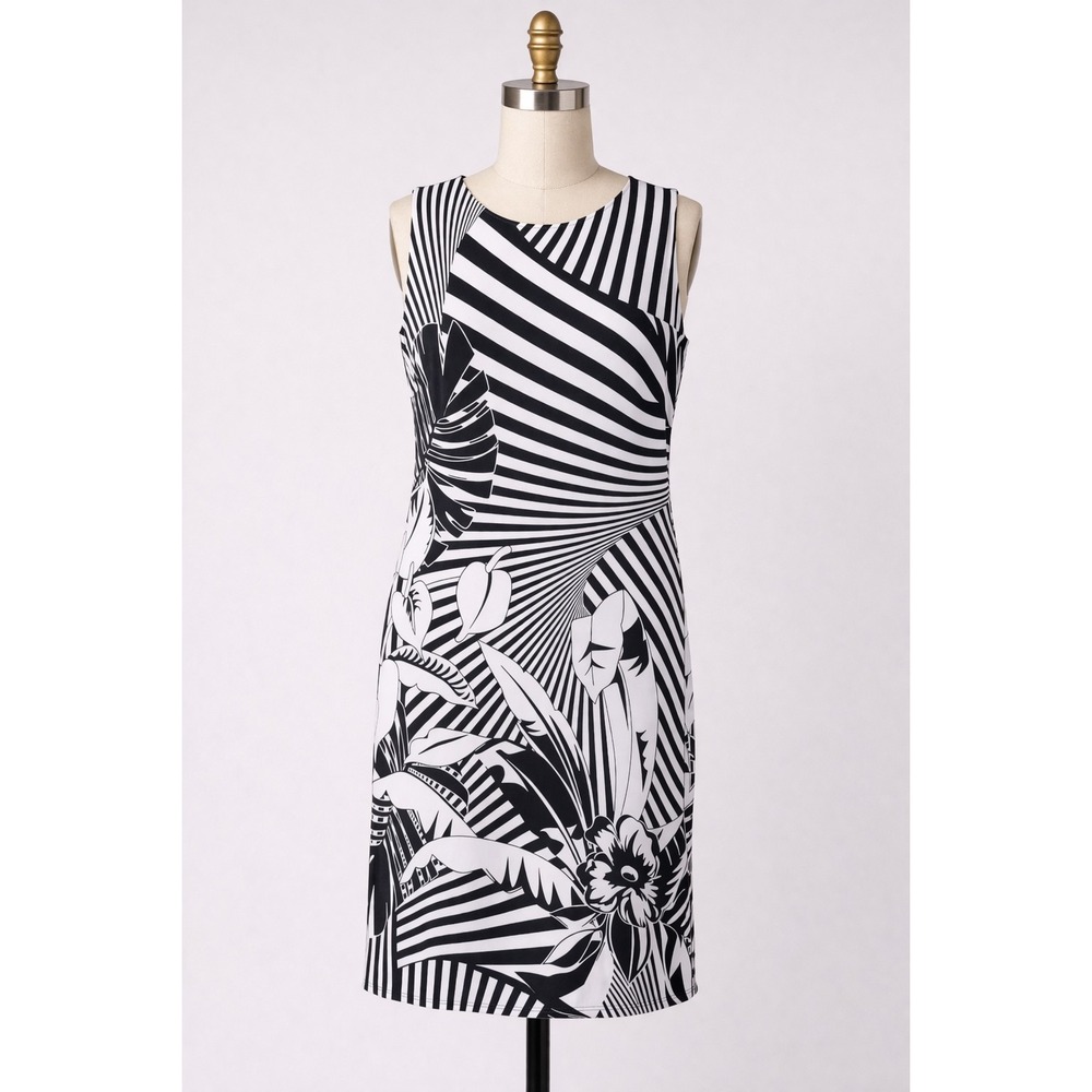 Cache‎ Black White Striped Floral Sheath Dress Women M Sleeveless Tropical...